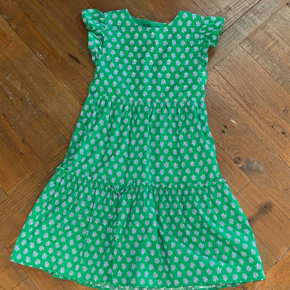 Crewcuts Green Floral Tiered Cotton Dress with White Flowers